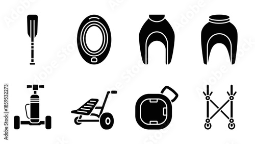 Set of kayak and leisure equipment icons in black silhouette style