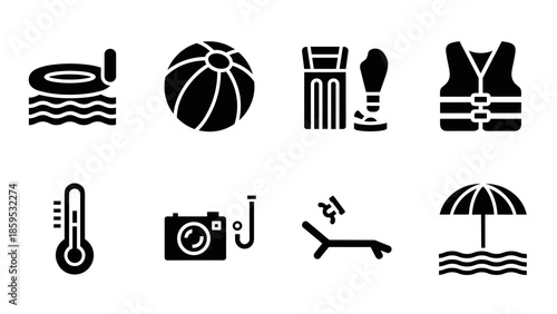 Summer icons set: monochrome pool float, beach ball, camera, deck chair, thermometer, sunscreen, life vest