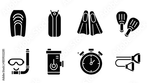 Set of diving equipment icons in black silhouette style on white background