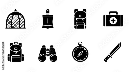 Adventure icons: camping and survival silhouettes for outdoor enthusiasts