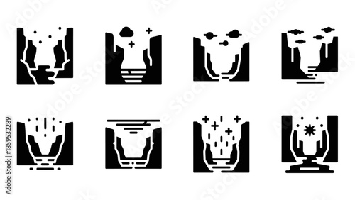 Minimalist nature icons featuring canyons and waterfalls in black and white silhouette style
