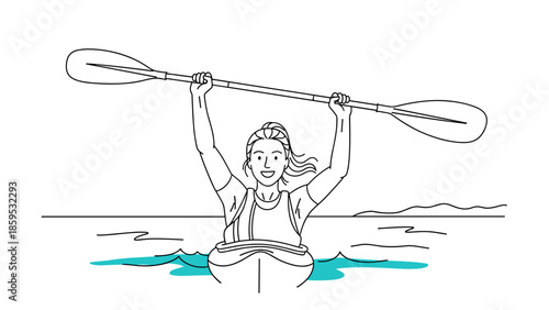 Happy kayaker holding paddle above head in calm waters