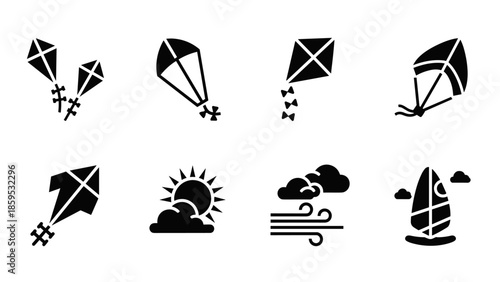 Silhouette kite and weather icons collection for outdoor activities and nature themes