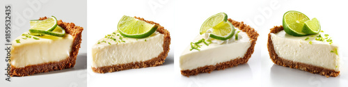 Four slices of creamy key lime pie with graham cracker crust are topped with fresh lime slices, showcasing delicious and refreshing dessert