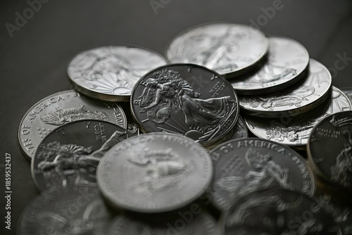 High resolution close up color image of American Silver Eagle Coins Stacked in Pile, Silver Bullion Investment Concept
