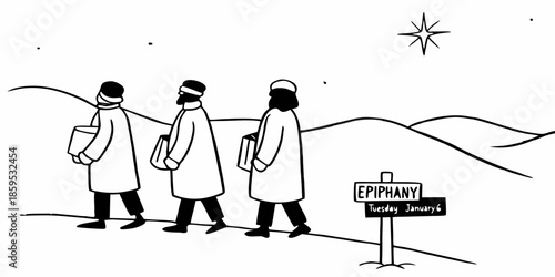 Simple B&W Epiphany Line Art. Three Wise Men walking towards the star on January 6. Clean minimalist design for religious stationery, church bulletins, and faith-based web graphics.