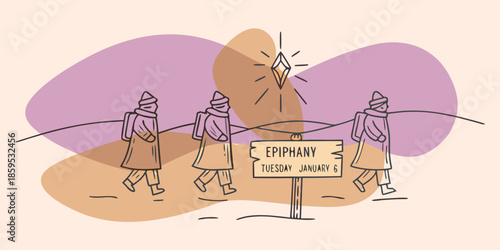 Abstract Epiphany Illustration. Three Wise Men in a modern purple and tan landscape for Jan 6. Artistic minimalist line art for unique religious holiday designs and social media.