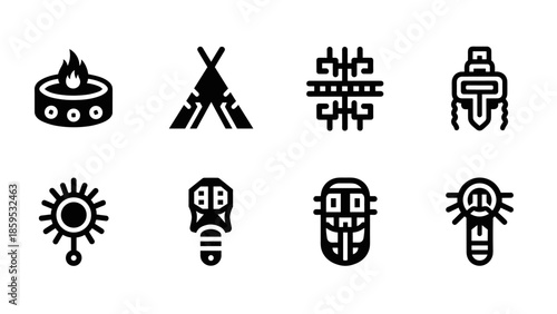 Minimalist tribal symbols set featuring native american and indigenous icons