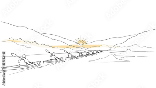 Minimalist linear kayaking scene at sunrise with paddlers on a serene river
