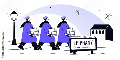 Three Wise Men Epiphany Illustration. Modern line art of the Magi carrying gifts in a snowy winter scene. Perfect for religious holiday greetings, January 6th celebrations, and church designs.