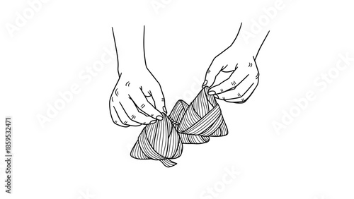 Hands folding origami with precision in black and white line art style
