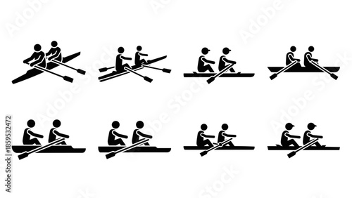 Silhouette rowing icons set with various poses and team configurations