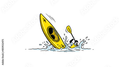 Capsized kayak in motion with splashing water and yellow paddle