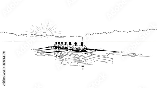 Rowing team at sunrise in minimalist black and white line art