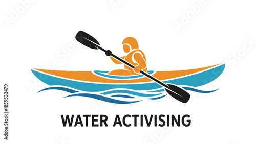 Colorful flat design of kayaker in motion with paddles on wave patterns