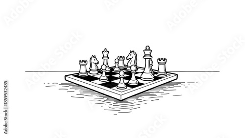 Surreal board game art: chess pieces in perspective on floating island