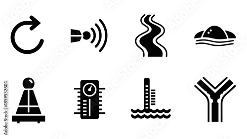 Silhouette icons of road signs, traffic symbols, and navigation tools