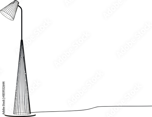 Modern minimalist floor lamp featuring a striking conical wire base and adjustable spotlight in a studio setting