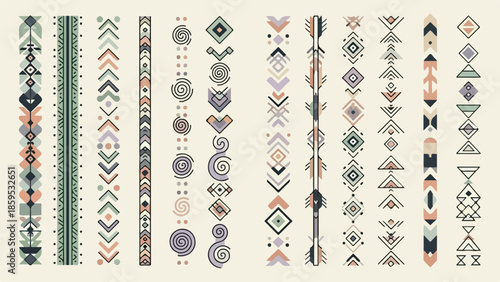 Collection of intricate tribal and ethnic pattern borders with geometric shapes and symbols.