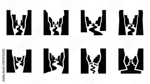 Silhouette canyon designs with river paths in minimalist style for nature lovers