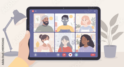 Tablet screen displaying a video conference call with six diverse participants in a grid layout.