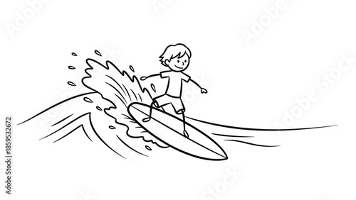 Outline drawing of a boy surfing a wave with splashing water