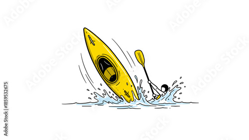 Dynamic kayaking adventure: yellow canoe in mid-capsize action with splashing waves