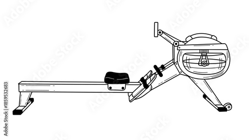 Monochrome linear drawing of a rowing exercise machine side view