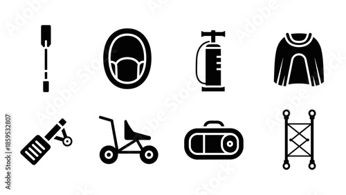 Minimalist set of iconic kid's toys and accessories in black silhouette style