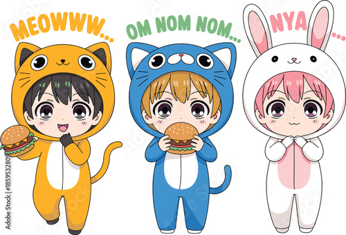 Chibi Anime Characters in Animal Onesies Eating Hamburgers with Meow and Nya Text Bubbles