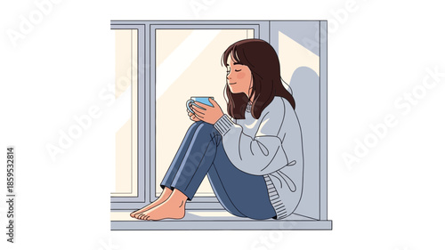 Illustration of a young woman sitting barefoot on a sunlit window sill, holding a cup and looking contemplative.