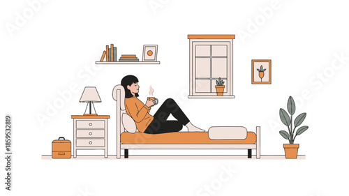 A minimalist illustration of a woman relaxing on a bed, drinking from a cup in a cozy room with a window and plant.