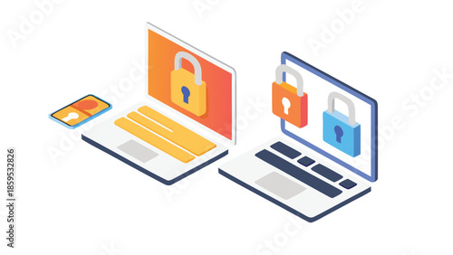 Flat isometric illustration of devices with padlocks on screens for data protection and cybersecurity