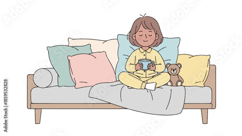 A peaceful cartoon girl in pajamas sits on a cozy couch with pillows, holding a mug, next to a teddy bear, enjoying a quiet moment.