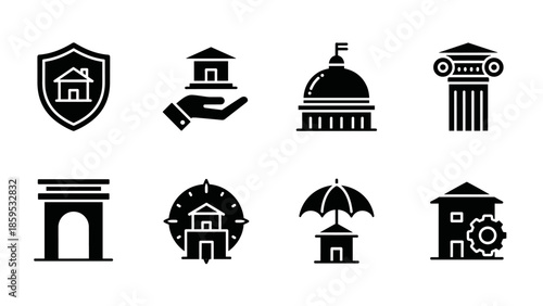 Icon set of black silhouettes representing real estate and architecture concepts