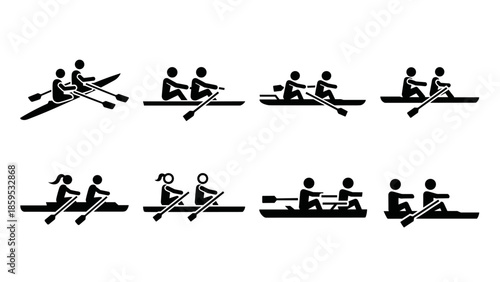 Silhouette icons of rowing teams in various positions and rowing styles