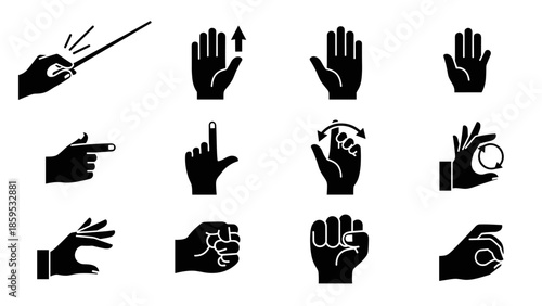 Hand gesture silhouettes: diverse black icons featuring various movements and actions