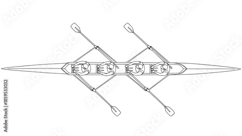 Linear rowing team outline with four people in canoe from top view