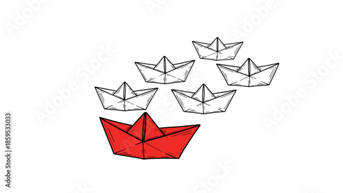 Origami leadership concept with red paper boat leading others on white background
