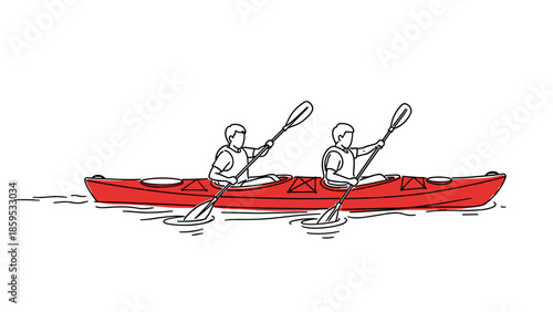Dynamic line art of two people kayaking in red canoe on white background
