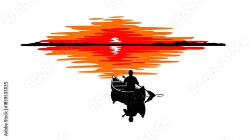 Sunset canoe silhouette on tranquil lake with vibrant reflections