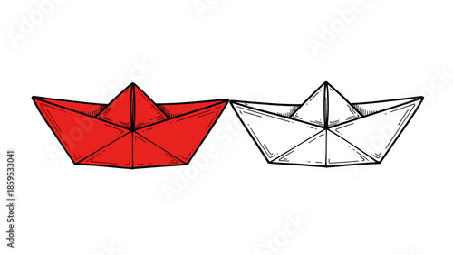 Red and white origami paper boats in doodle style