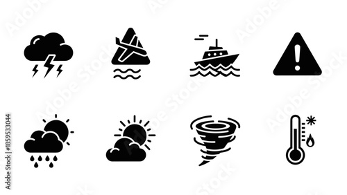 Weather and warning icons set: storm, tornado, flood, thermometer