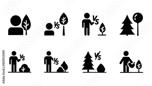 Human nature conflict icons: simple black silhouettes of people versus environment