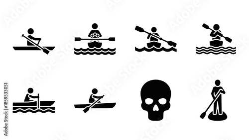 Rowing and canoeing icons with skulls in minimalist silhouette style