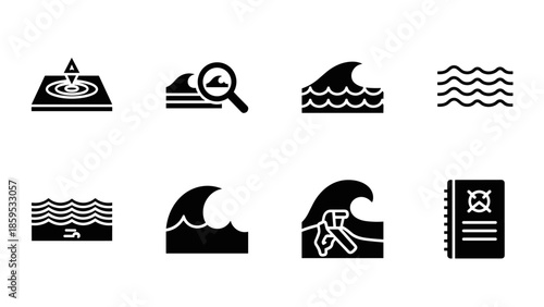 Black silhouette icons of ocean waves and warning signs