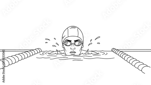 Competitive swimmer in pool splashing water during race in monochrome style