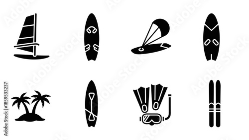 Beach and water sports icons set featuring surfing, snorkeling, and more