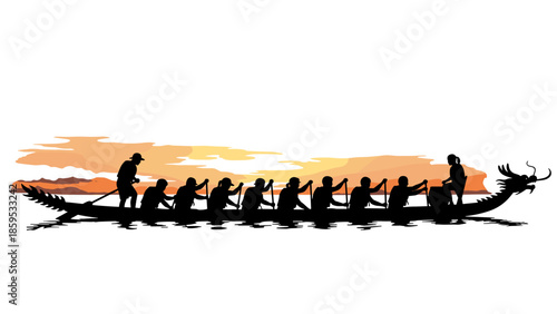 Dragon boat racing at sunset with team rowing silhouette on water