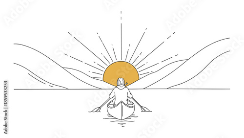 Peaceful line art: person canoeing towards a serene sunrise in minimalist style